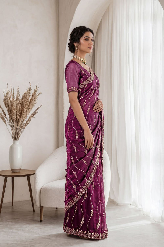 Maroon Sequin with Floral Embroidered Silk Saree (ACA8593)