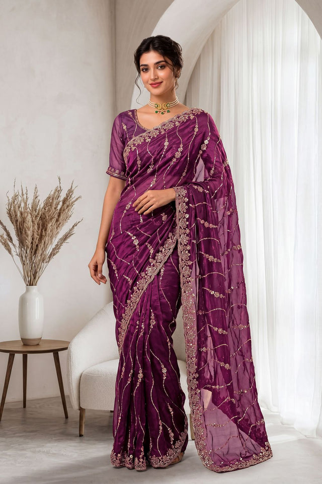 Maroon Sequin with Floral Embroidered Silk Saree (ACA8593)