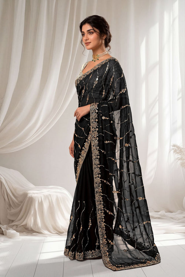 Black Sequin with Floral Embroidered Silk Saree (ACA8594)
