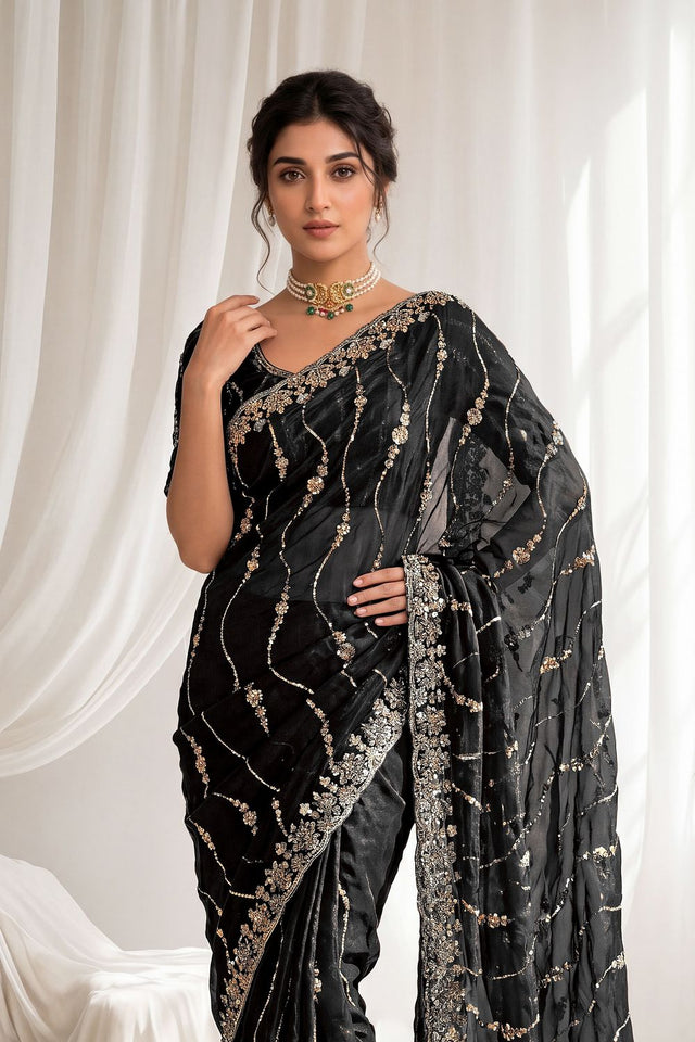 Black Sequin with Floral Embroidered Silk Saree (ACA8594)