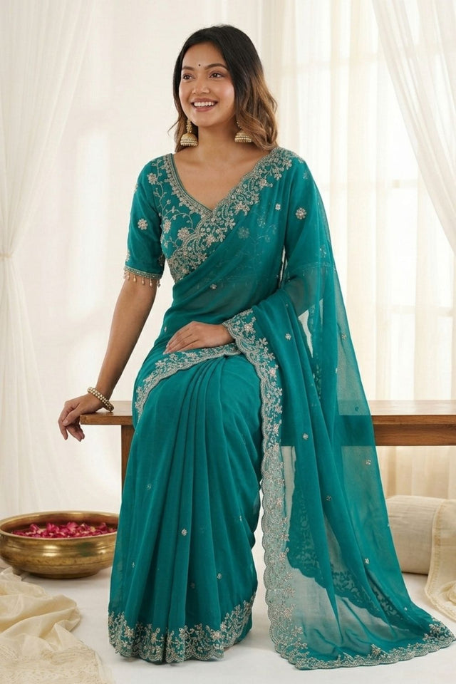 Sea Green Sequin with Floral Embroidered Satin Saree (ACA8595)