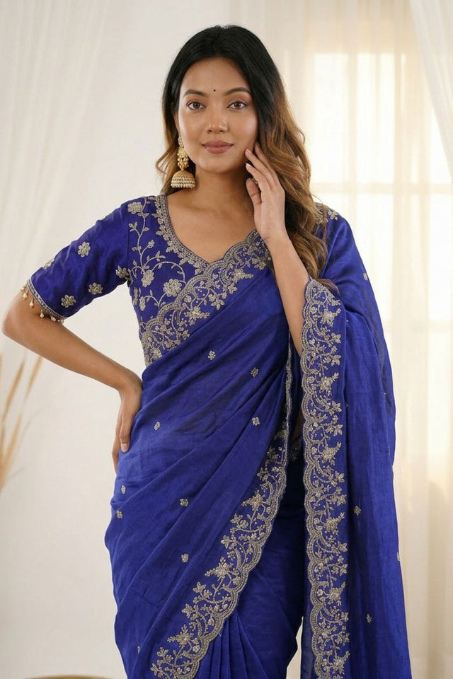 Royal Blue Sequin with Floral Embroidered Satin Saree (ACA8596)