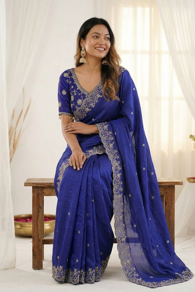 Royal Blue Sequin with Floral Embroidered Satin Saree (ACA8596)