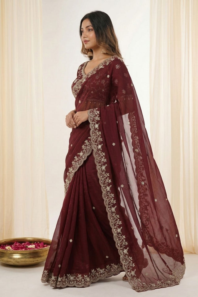 Brown Sequin with Floral Embroidered Satin Saree (ACA8597)