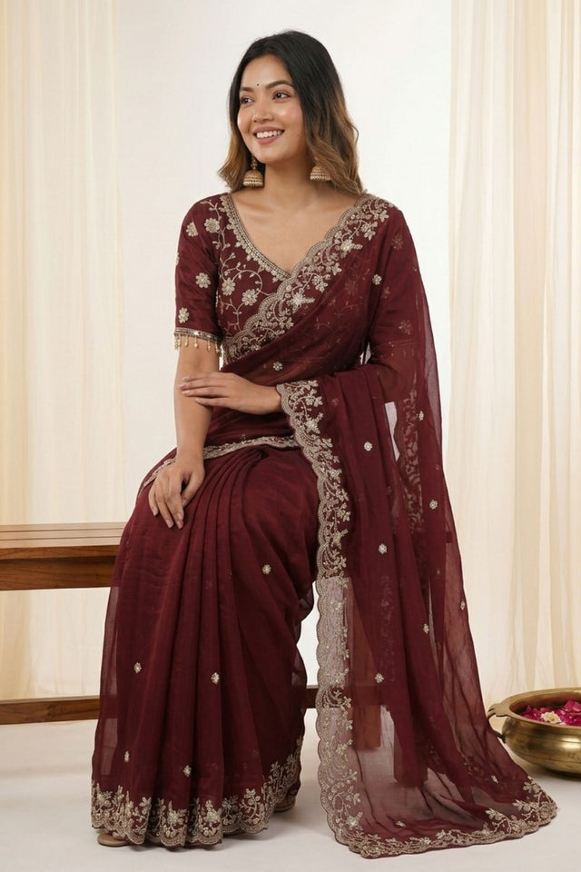 Brown Sequin with Floral Embroidered Satin Saree (ACA8597)