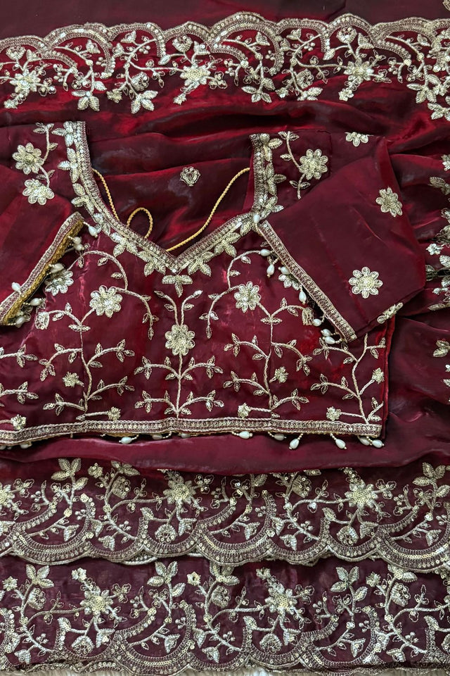 Brown Sequin with Floral Embroidered Satin Saree (ACA8597)