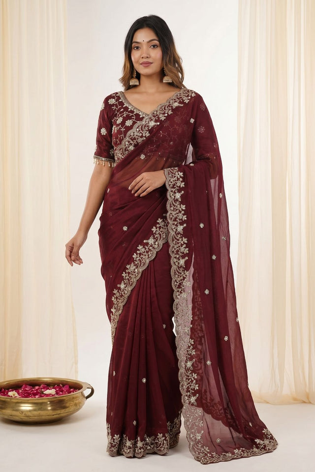 Brown Sequin with Floral Embroidered Satin Saree (ACA8597)