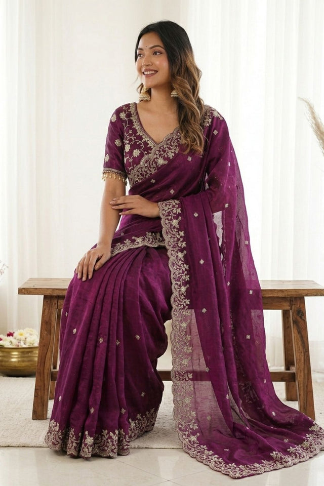 Purple Sequin with Floral Embroidered Satin Saree (ACA8598)