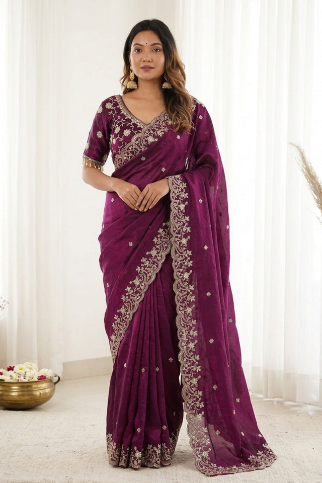 Purple Sequin with Floral Embroidered Satin Saree (ACA8598)