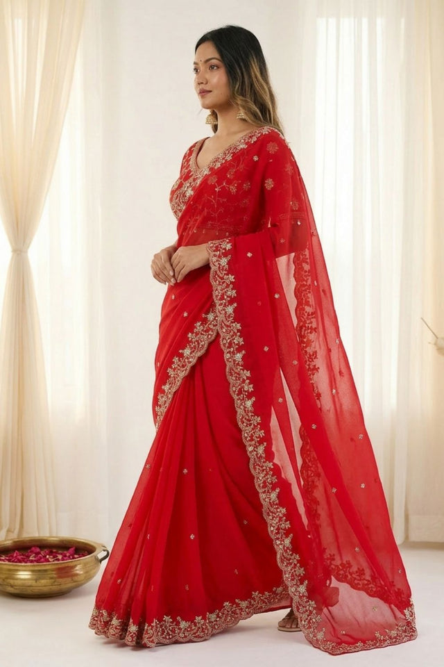 Red Sequin with Floral Embroidered Satin Saree (ACA8599)