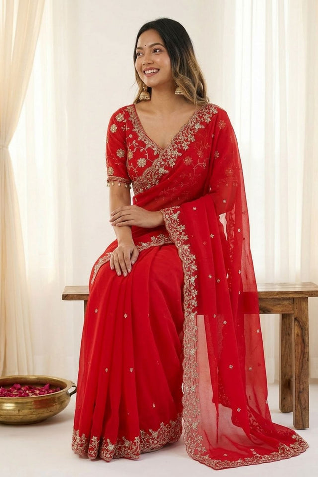 Red Sequin with Floral Embroidered Satin Saree (ACA8599)