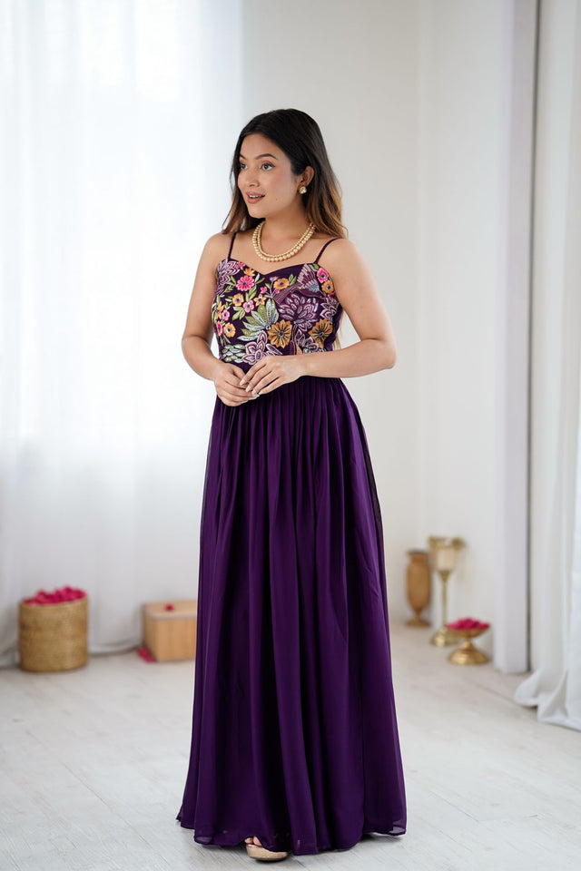 Wine Georgette Floral Embroidered Gown (ACA8600)