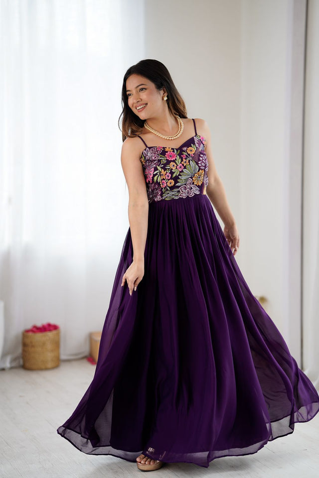 Wine Georgette Floral Embroidered Gown (ACA8600)
