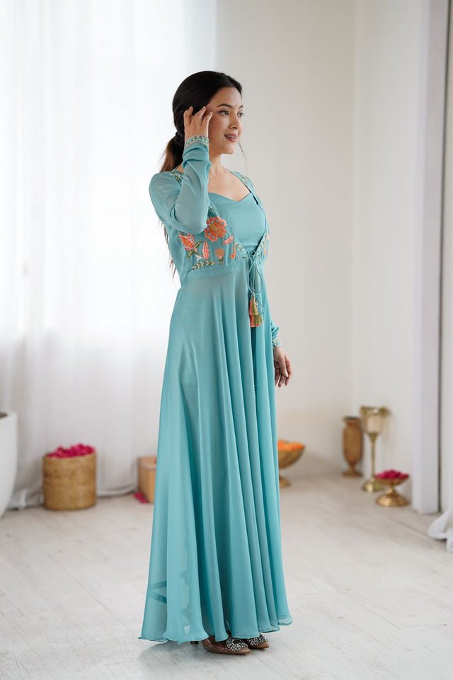 Blue Georgette Floral Embroidered Gown (ACA8601)