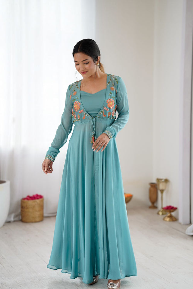 Blue Georgette Floral Embroidered Gown (ACA8601)