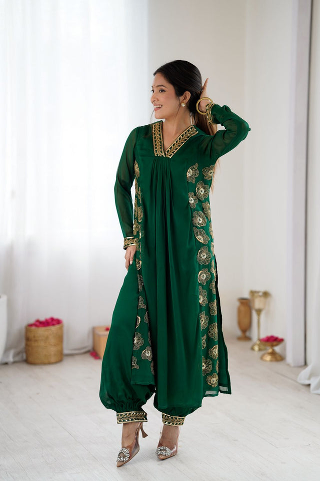 Dark Green Georgette Floral Embroidered Kurti Pant Set (ACA8603)