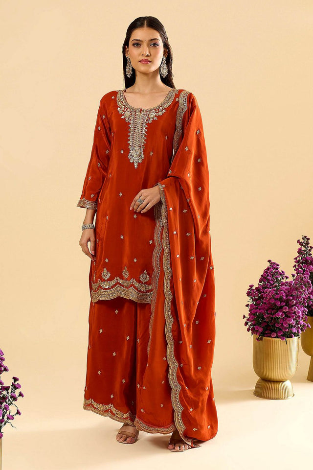 Orange Silk Embroidered Palazzo Suit (ACA8605)