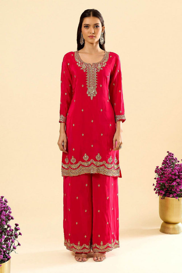 Pink Silk Embroidered Palazzo Suit (ACA8606)