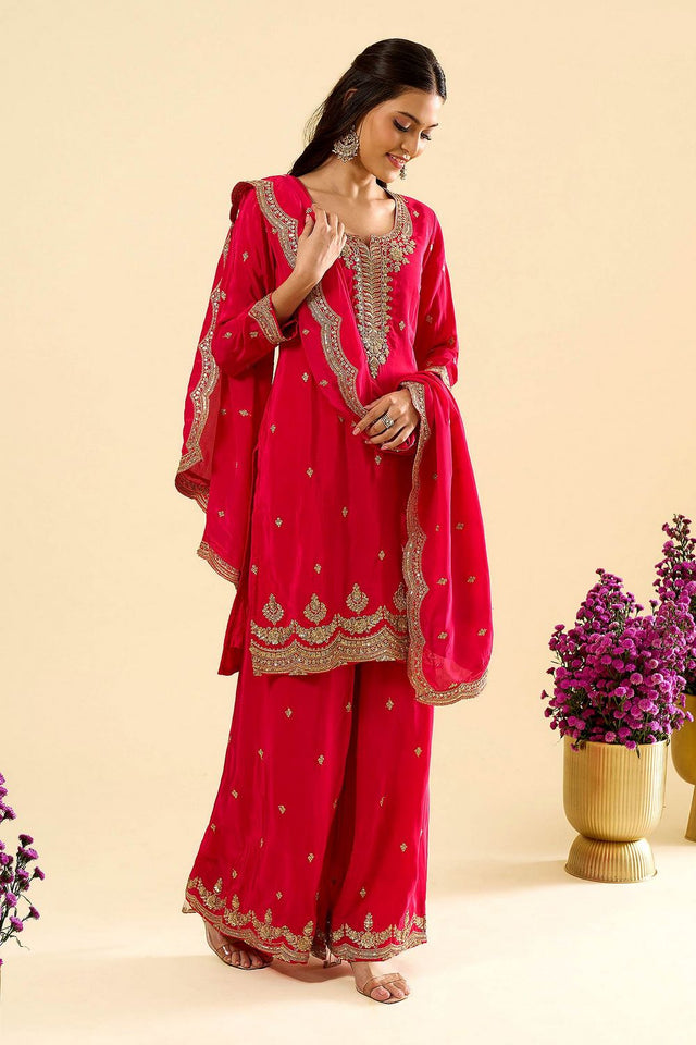 Pink Silk Embroidered Palazzo Suit (ACA8606)