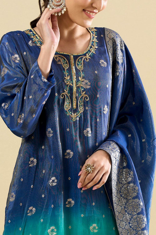 Blue Viscose Woven Palazzo Suit (ACA8607)