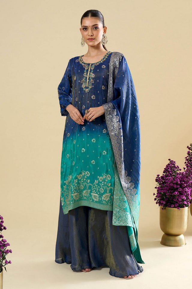 Blue Viscose Woven Palazzo Suit (ACA8607)