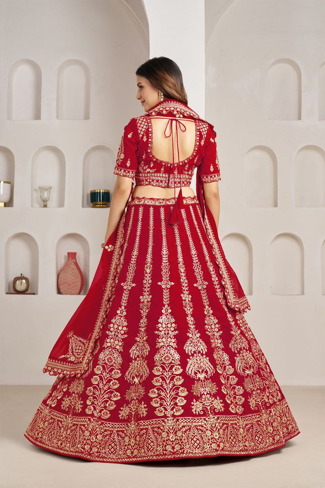 Red Silk Sequin with Floral Embroidered Lehenga (ACA8613)
