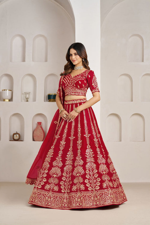Red Silk Sequin with Floral Embroidered Lehenga (ACA8613)