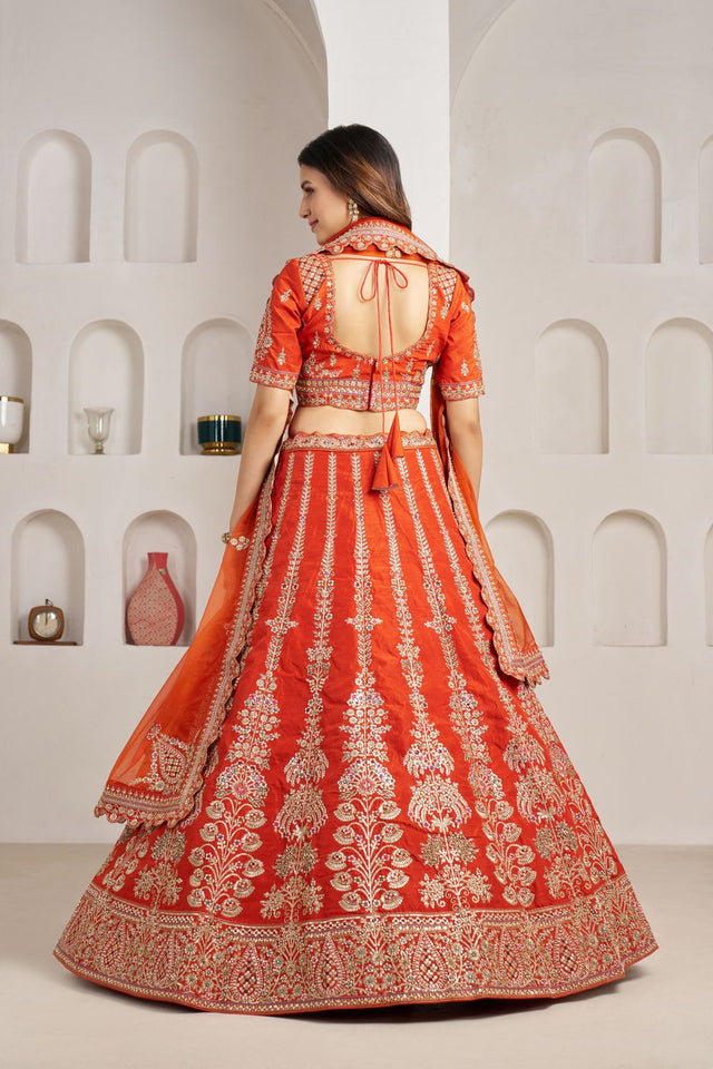 Rust Silk Sequin with Floral Embroidered Lehenga (ACA8614)