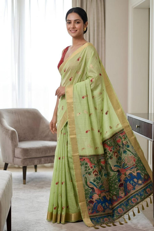 Green Cotton Blend Kalamkari Woven Saree (ACA8619)