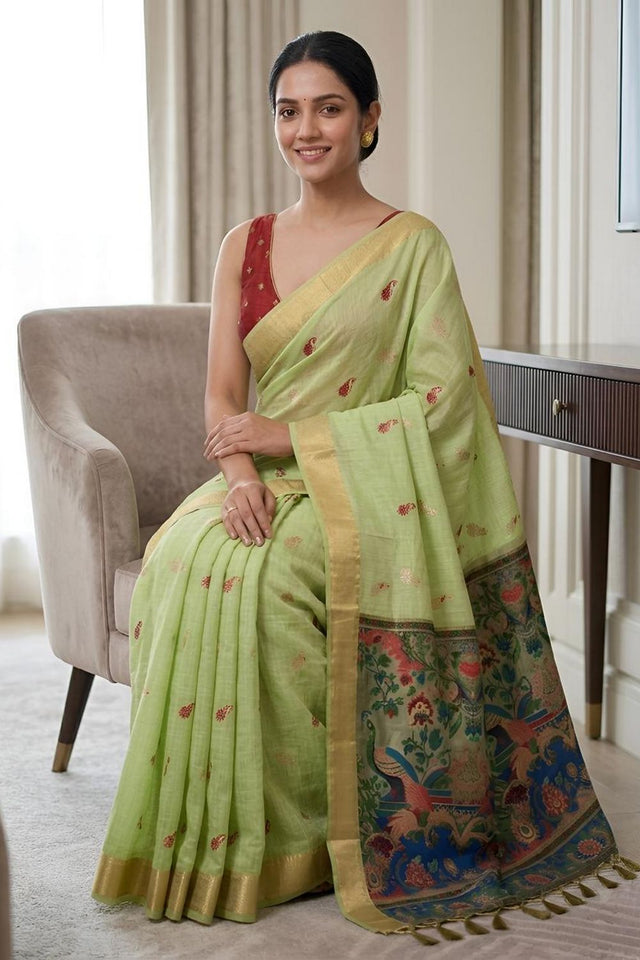 Green Cotton Blend Kalamkari Woven Saree (ACA8619)