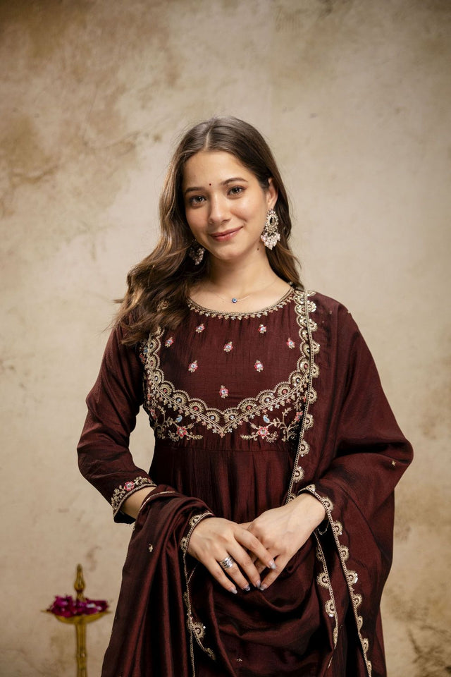 Brown Silk Embroidered Anarkali Suit (ACA8638)