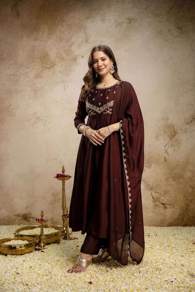 Brown Silk Embroidered Anarkali Suit (ACA8638)