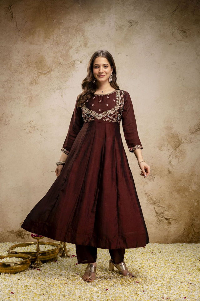 Brown Silk Embroidered Anarkali Suit (ACA8638)
