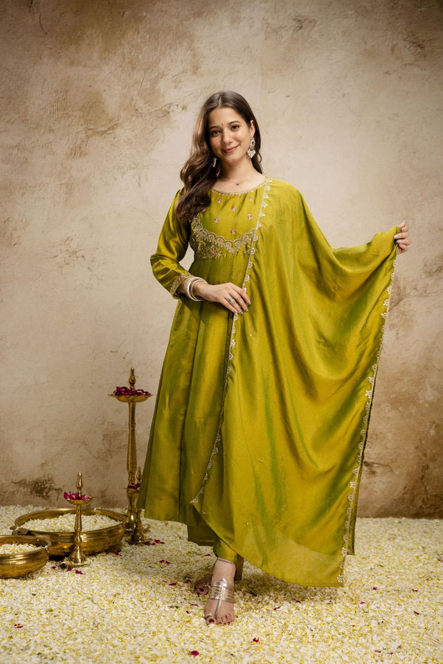 Dark Green Silk Embroidered Anarkali Suit (ACA8639)