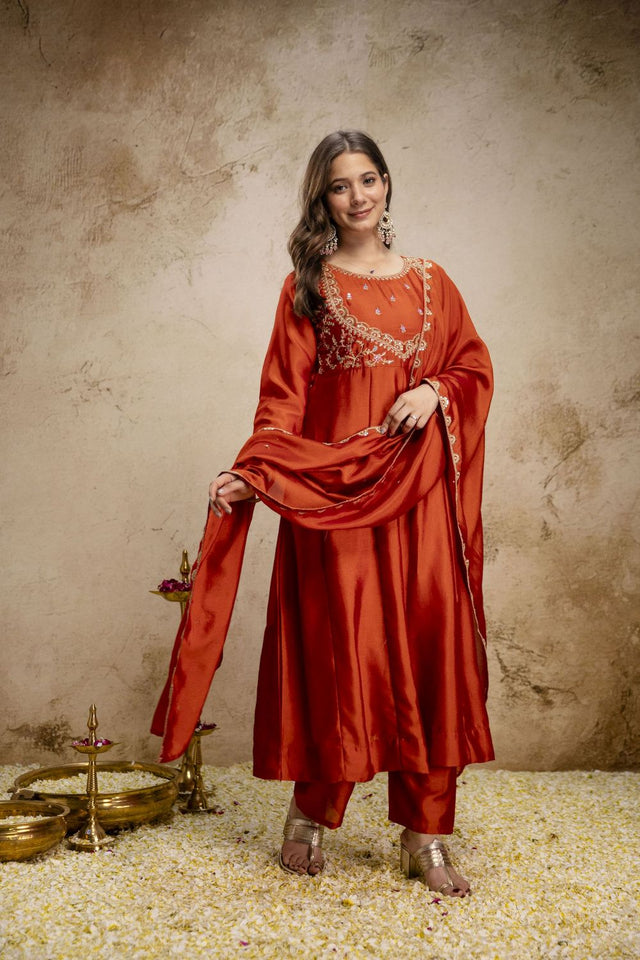 Orange Silk Embroidered Anarkali Suit (ACA8640)