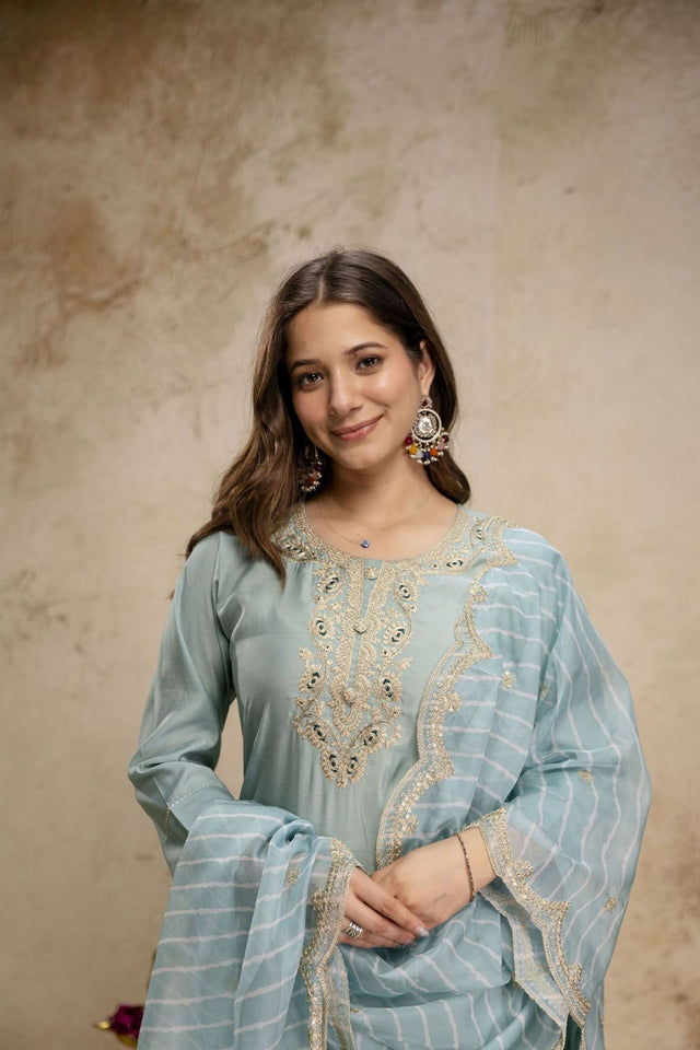 Blue Silk Embroidered Straight Cut Suit (ACA8641)