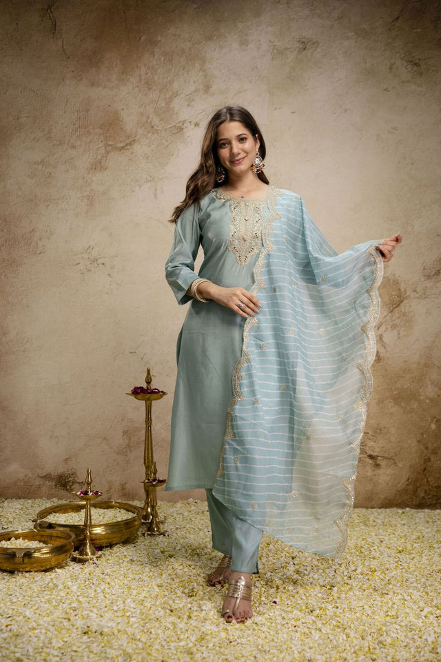 Blue Silk Embroidered Straight Cut Suit (ACA8641)
