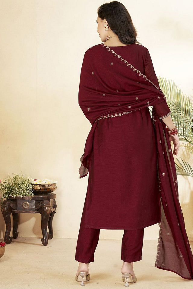 Maroon Silk Sequin with Embroidered Straight Cut Suit (ACA8642)