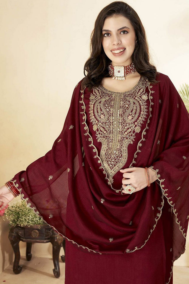 Maroon Silk Sequin with Embroidered Straight Cut Suit (ACA8642)