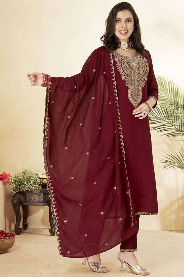 Maroon Silk Sequin with Embroidered Straight Cut Suit (ACA8642)