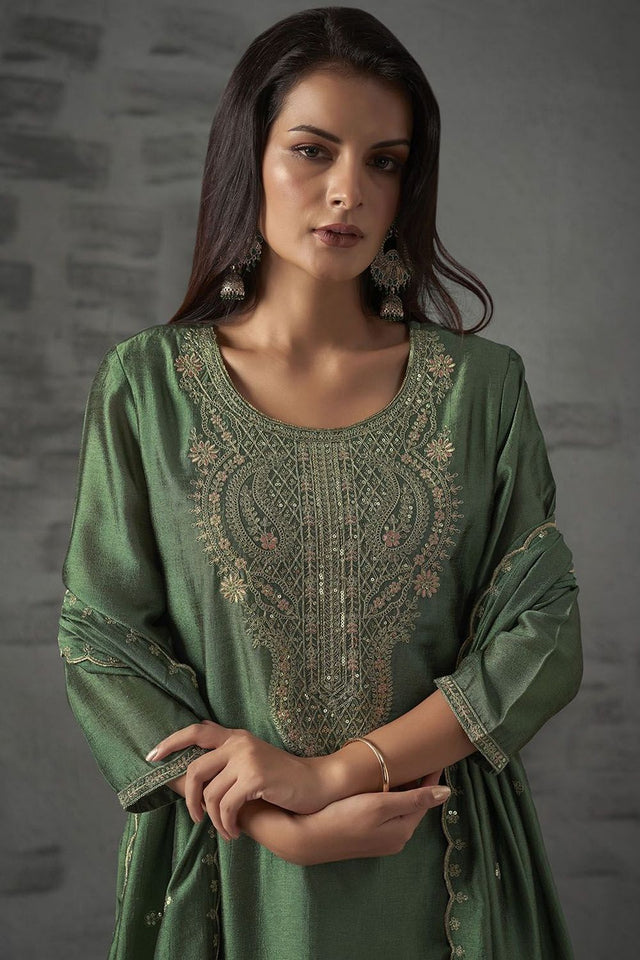 Green Silk Sequin with Embroidered Straight Cut Suit (ACA8643)