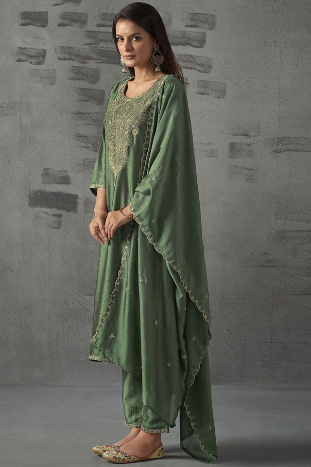 Green Silk Sequin with Embroidered Straight Cut Suit (ACA8643)