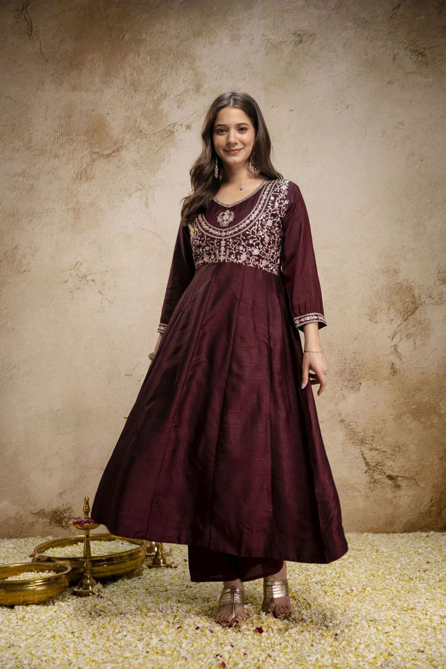 Brown Silk Floral Embroidered Anarkali Suit (ACA8645)