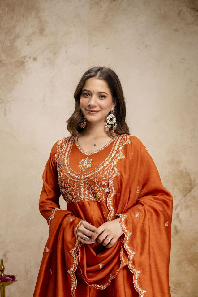 Orange Silk Floral Embroidered Anarkali Suit (ACA8646)
