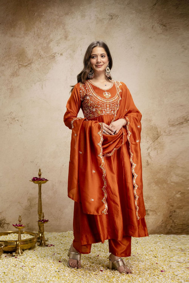 Orange Silk Floral Embroidered Anarkali Suit (ACA8646)