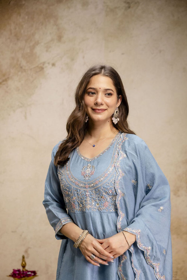 Blue Silk Floral Embroidered Anarkali Suit (ACA8647)