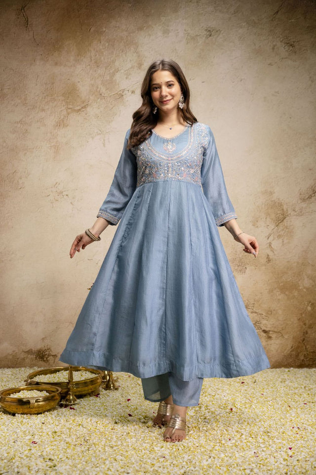 Blue Silk Floral Embroidered Anarkali Suit (ACA8647)