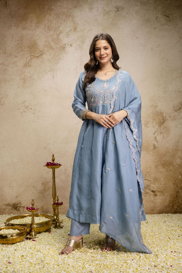 Blue Silk Floral Embroidered Anarkali Suit (ACA8647)