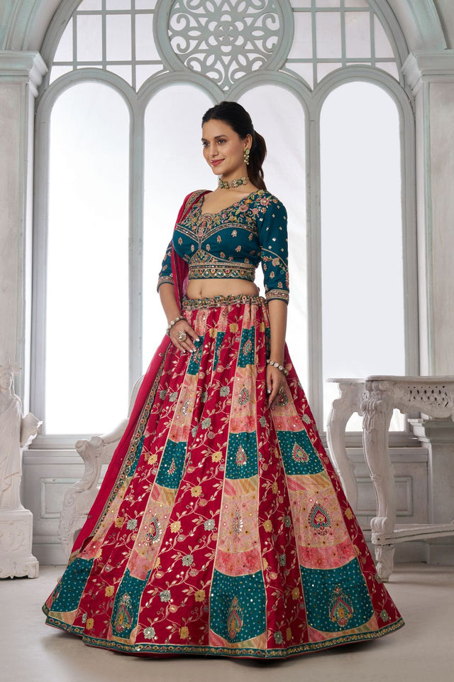 Multi Color Chinon Floral Embroidered Lehenga (ACA8653)