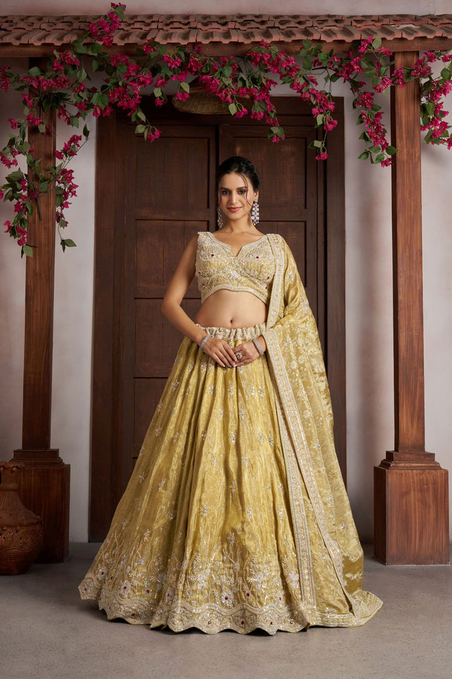 Yellow Tissue Sequin with Embroidered Lehenga (ACA8658)